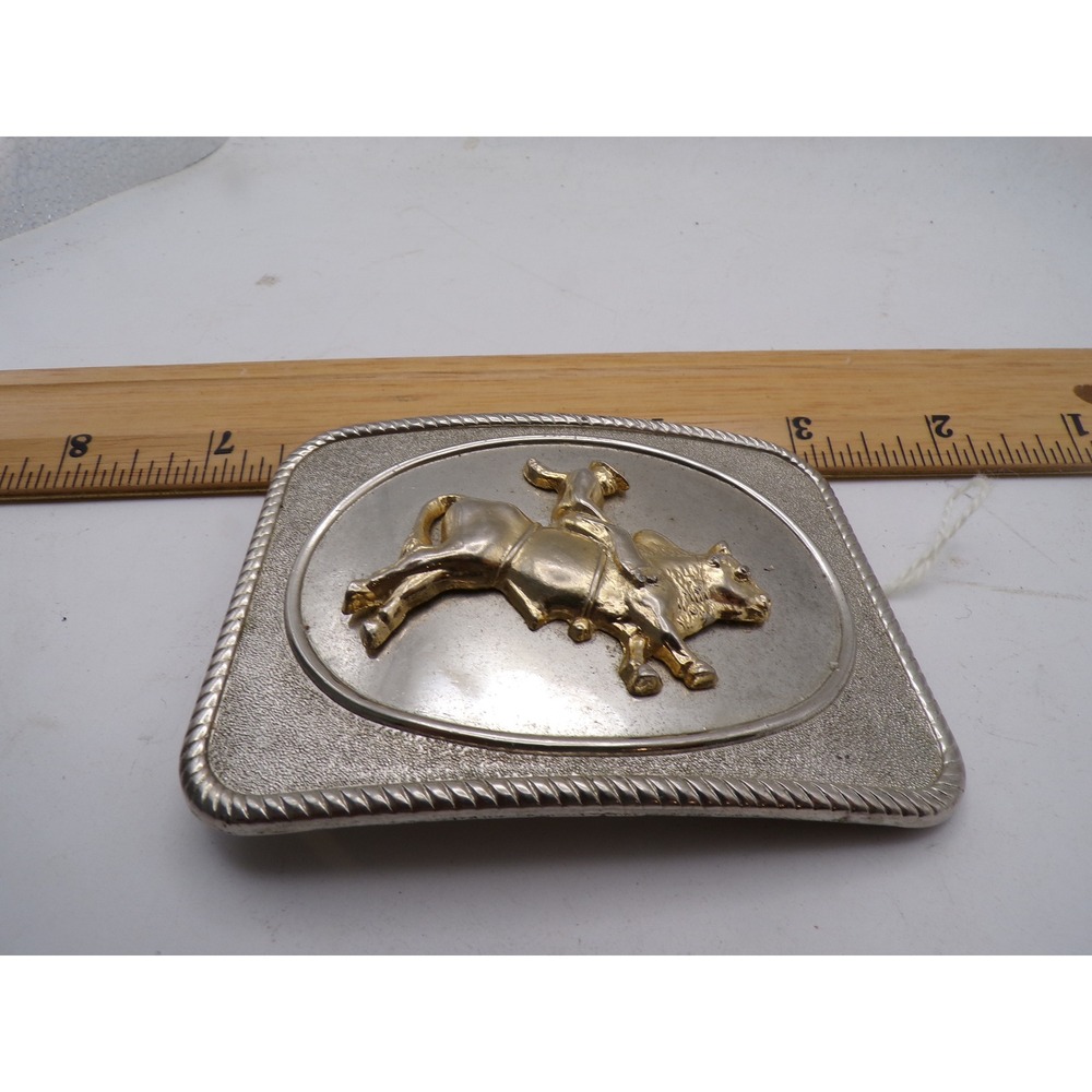 Vintage Two Tone Bull Rider Rodeo Belt Buckle Silver Gold Rectangular Rope Edge